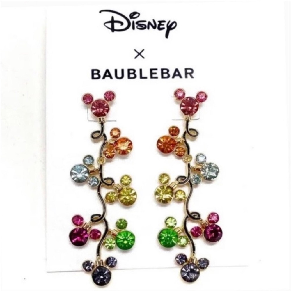 New Disney X Baublebar Mickey Gold W/Rainbow Crystals Dangle Earrings